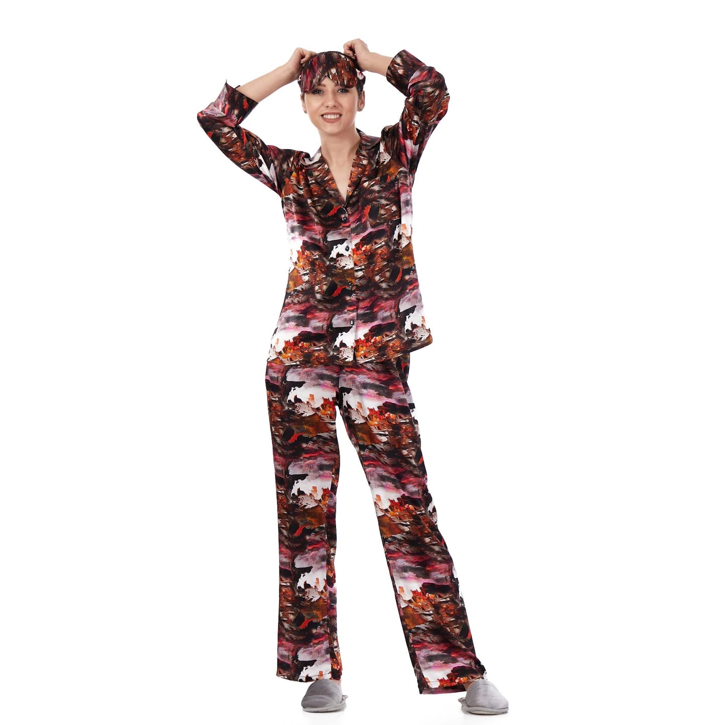 %100 İpek Gömlek Pantolon-Pijama Takımı | Abstract Desen Kırmızı | Nomads Felt