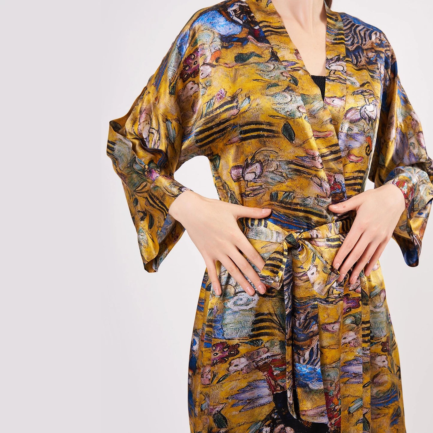%100 İpek Uzun Kimono Kaftan | Gold Desenli | Nomads Felt