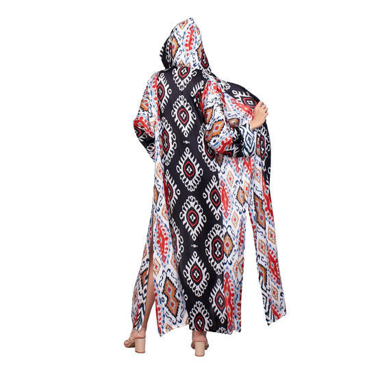 %100 İpek Kapüşonlu Kimono | Siyah İkat Desen 5 | Nomads Felt