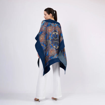 İpek Keçe Panço | Lacivert-Gri | Mavi Mandala Desen | Nomads Felt