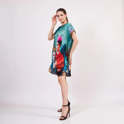 Saf İpek Kısa Elbise | Frida Kahlo 3 | Nomads Felt