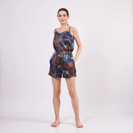 100% İpek Askılı Şort Pijama Takımı | Mandala Desen Mavi | Nomads Felt